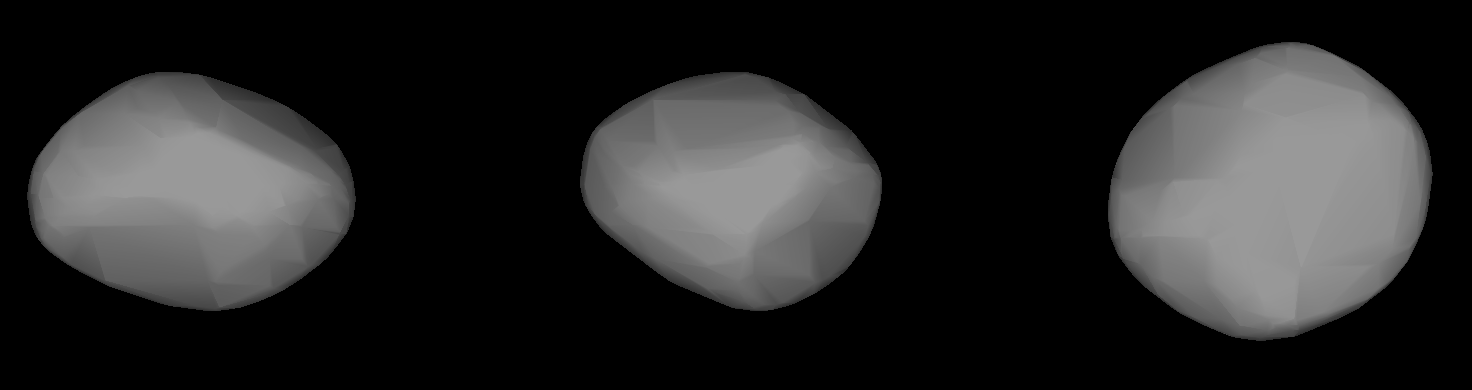 Fig. 1. Shape model of asteroid (269) Justitia from simultanous fit to visible lightcurves and thermal data.. Solution for pole 1. Two equatorial views on lhe left and in the middle, pole-on view on the right.